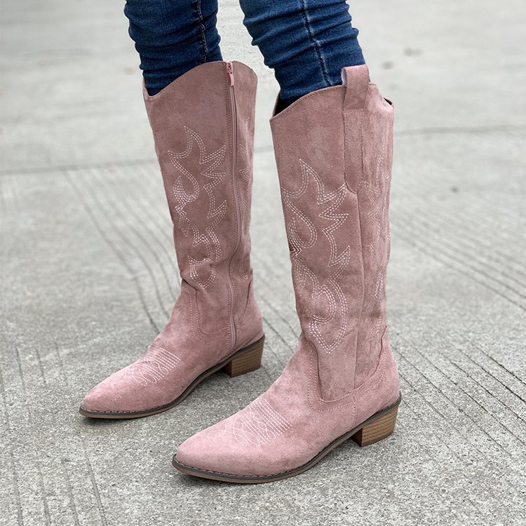 Retro Embroidered V-neck Boots - Knee High Sock Women 评论和价格