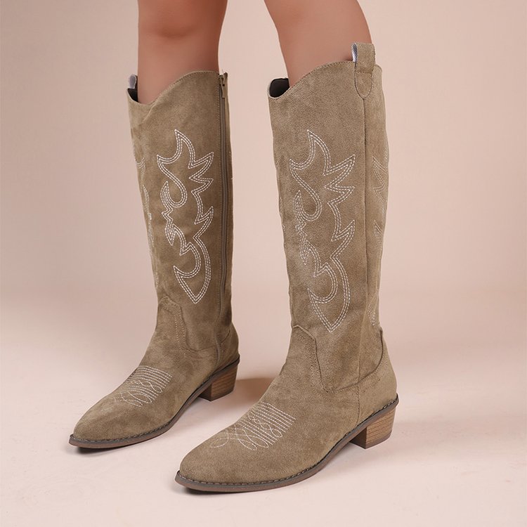 Retro Embroidered V-neck Boots - Knee High Sock Women 评论和价格